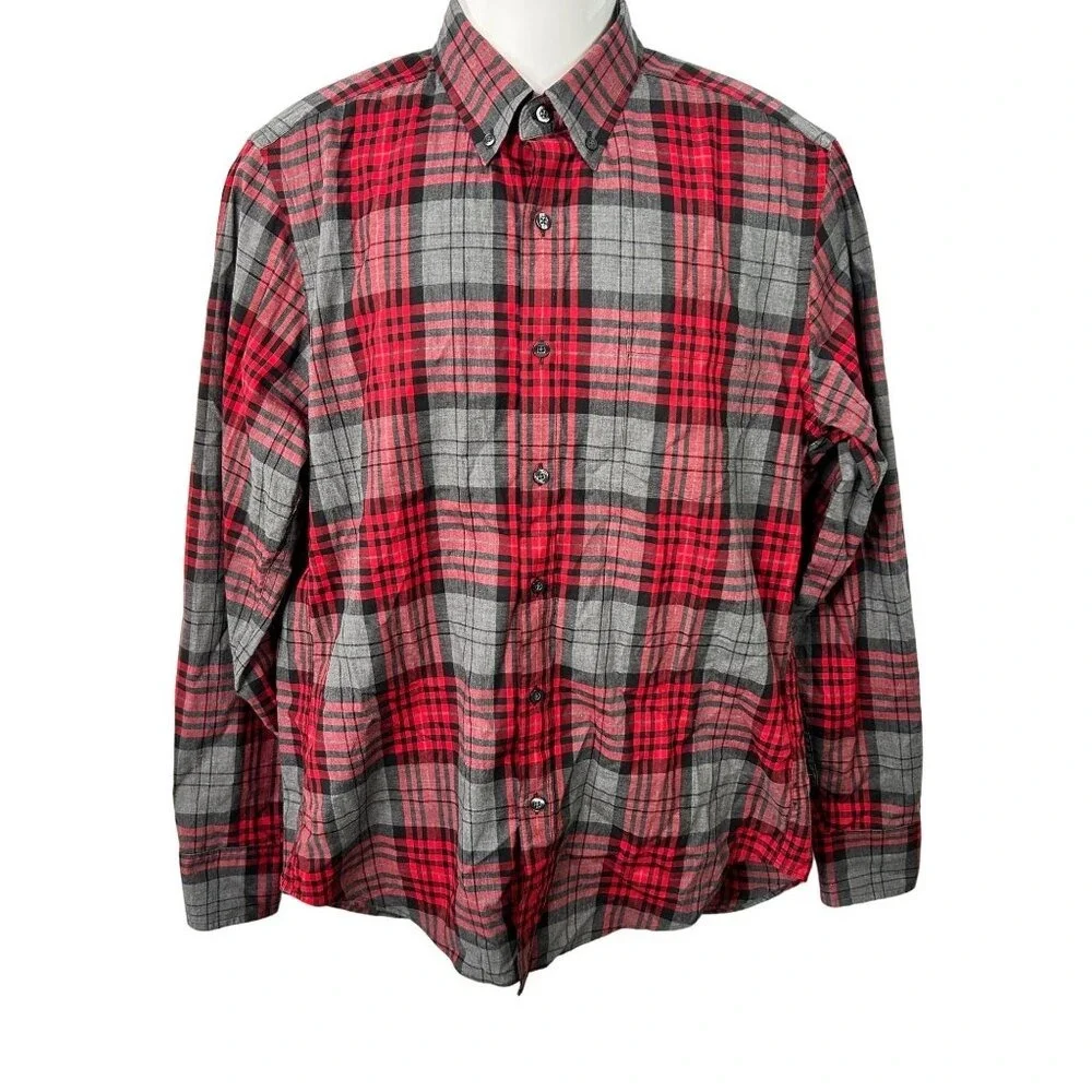 J.Crew Men's Tailored Plaid Button-Up Shirt Red Long Sleeve  100% Cotton  Size M